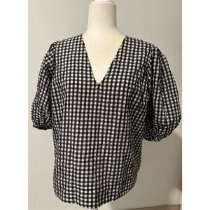 Ganni Black and White Gingham V-Neck Puff Sleeve Blouse